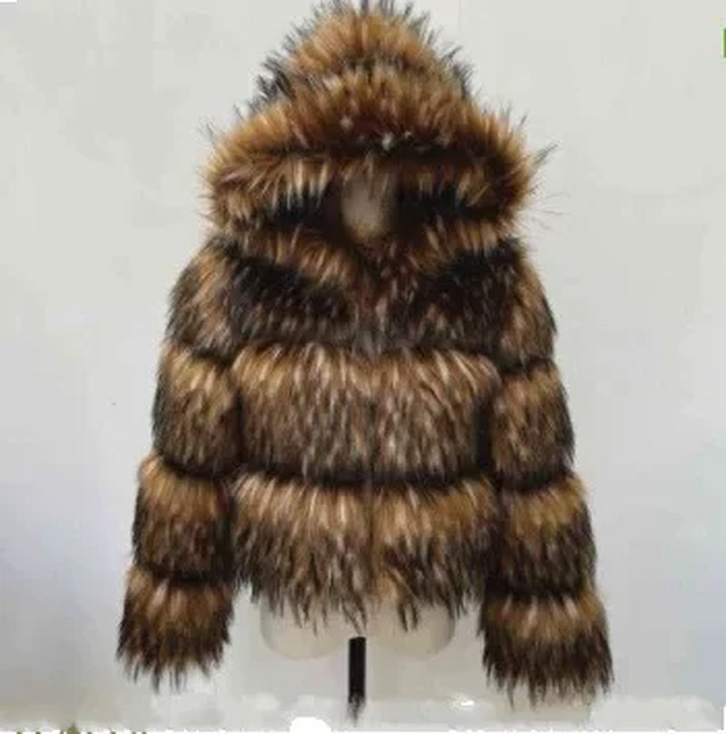 Punk Fake Raccoon Fur Jacket Women Autumn Winter Faux Fur Fox Coats Short Coat Jackets Furry Outerwear Work Thick Warm Coats