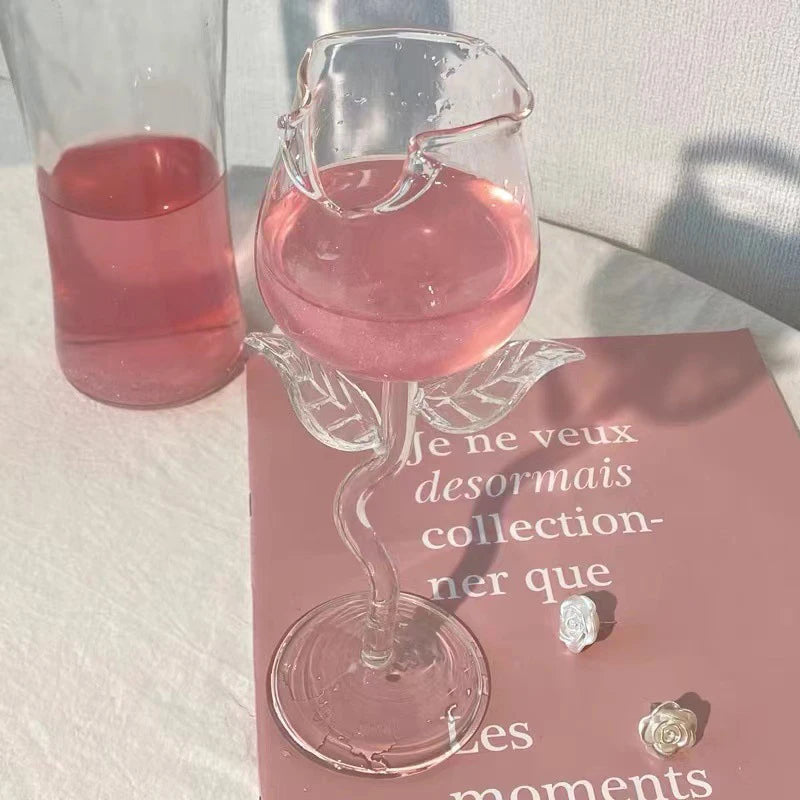 Rose-Shaped Red Wine Glasses Rose Shape Wine Glass with Colored Rose Leaves 150/400Ml Rose Shaped Red Wine Goblet Cocktail Cup