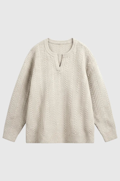 Herrestrik - Kabelstrikket Sweater Med Lille V-Hals - Oatmeal