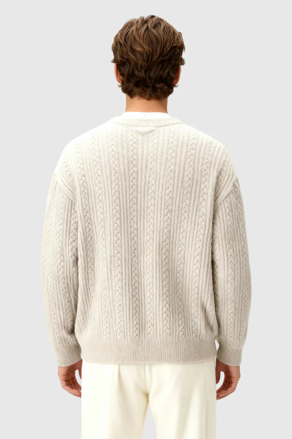 Herrestrik - Kabelstrikket Sweater Med Lille V-Hals - Oatmeal