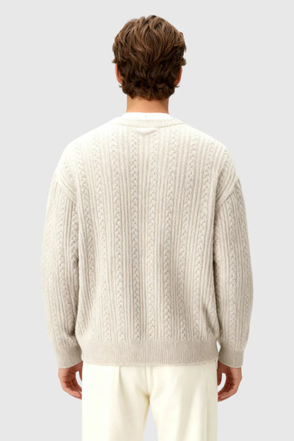 Herrestrik - Kabelstrikket Sweater Med Lille V-Hals - Oatmeal