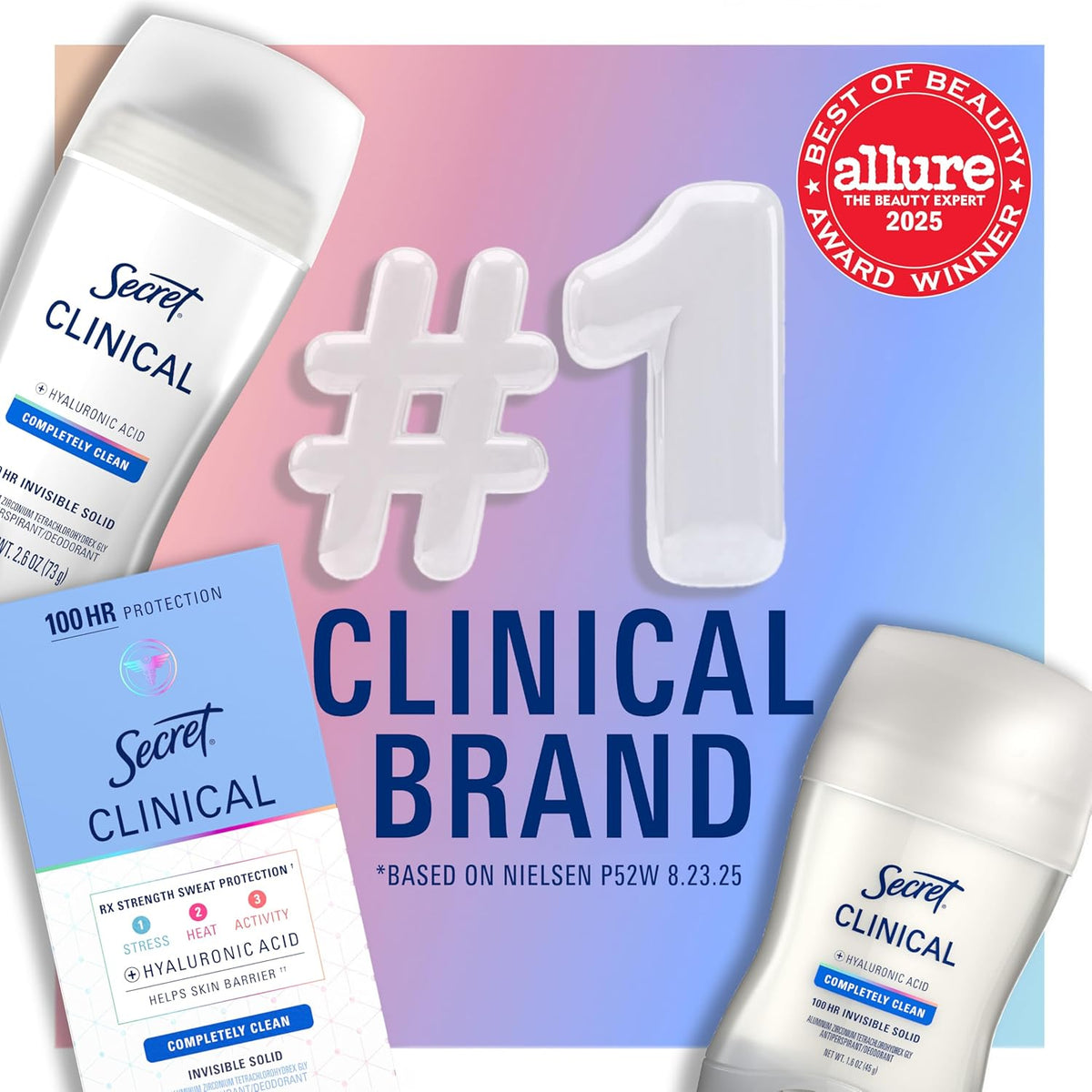 Clinical Strength 100HR Sweat &amp; Odor, Invisible Solid Antiperspirant Deodorant for Women, 3X Stress Protection with Hyaluronic Acid, PH Balanced, Clean Lavender Scent, 2.6 Oz