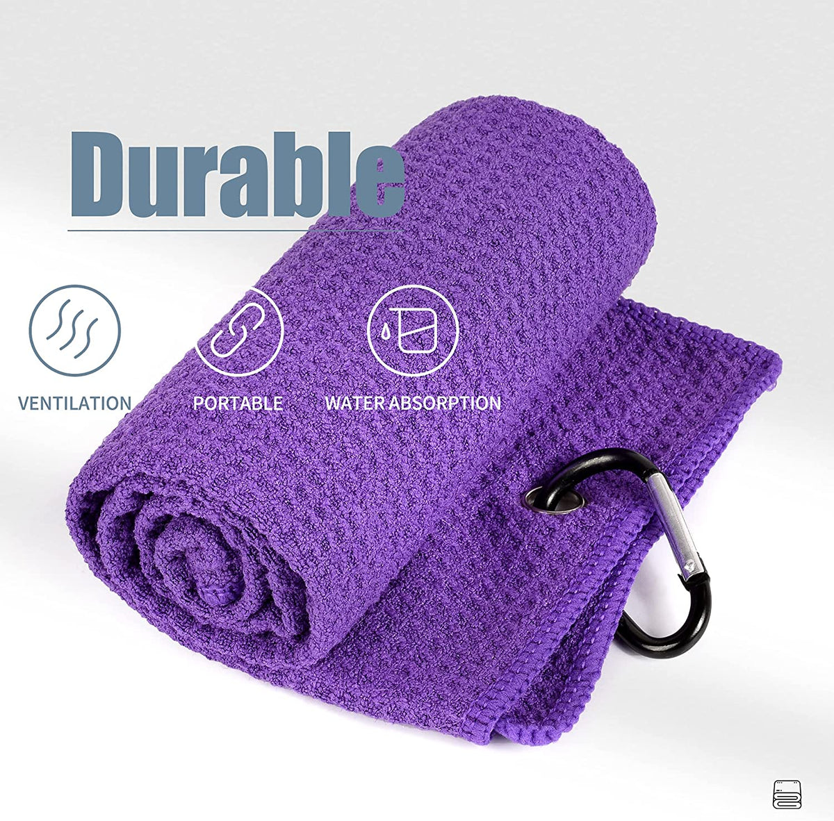 Tri-Fold Golf Towel | 16" X 24" | Premium Microfiber Fabric | Waffle Pattern | with Heavy Duty Carabiner Clip | for Men and Women (Purple)