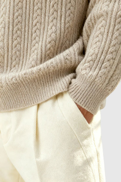 Herrestrik - Kabelstrikket Sweater Med Lille V-Hals - Oatmeal