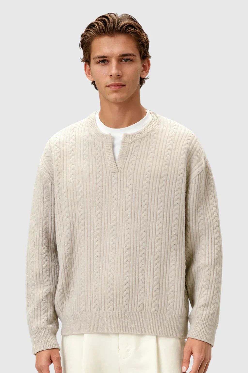 Herrestrik - Kabelstrikket Sweater Med Lille V-Hals - Oatmeal