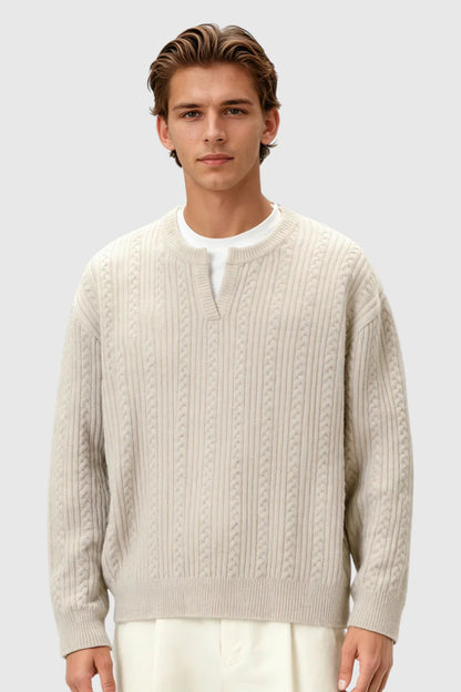 Herrestrik - Kabelstrikket Sweater Med Lille V-Hals - Oatmeal