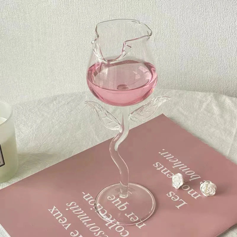 Rose-Shaped Red Wine Glasses Rose Shape Wine Glass with Colored Rose Leaves 150/400Ml Rose Shaped Red Wine Goblet Cocktail Cup