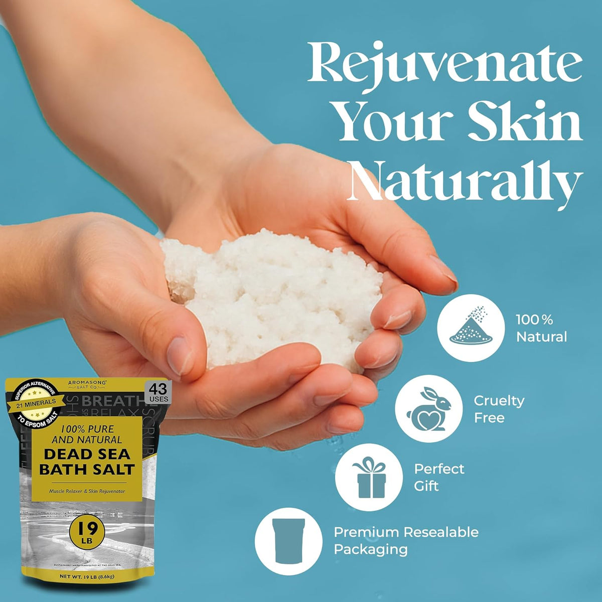 Dead Sea Salt - Spa Bath Salt - 19 Lbs Fine Grain Bulk - 100% Pure - Better Absorbing than Epsom Salt - Soak for Women &amp; Men for Skin Issues and to Relax Tired Muscles - Resealable Pack.