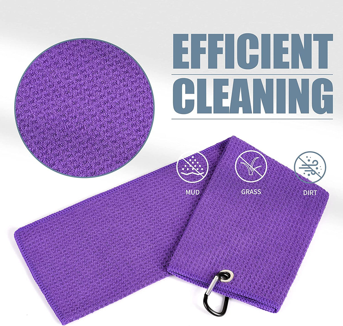 Tri-Fold Golf Towel | 16" X 24" | Premium Microfiber Fabric | Waffle Pattern | with Heavy Duty Carabiner Clip | for Men and Women (Purple)