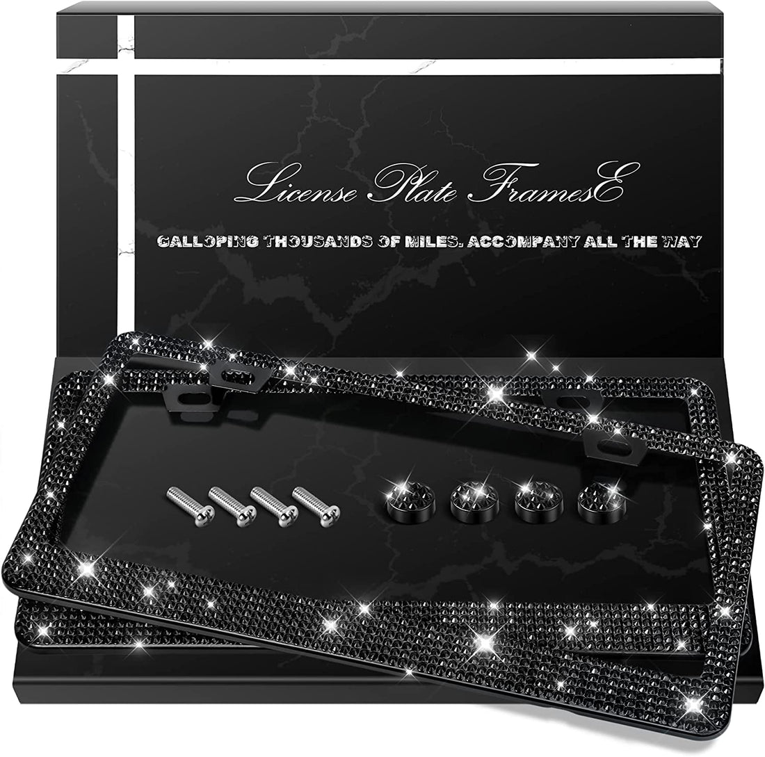 2 Pack Bling License Plate Frames, Sparkly Rhinestone Diamond Car License Plate Cover for Women, Stainless Steel Car Accessories with Glitter Crystal Caps (Black)