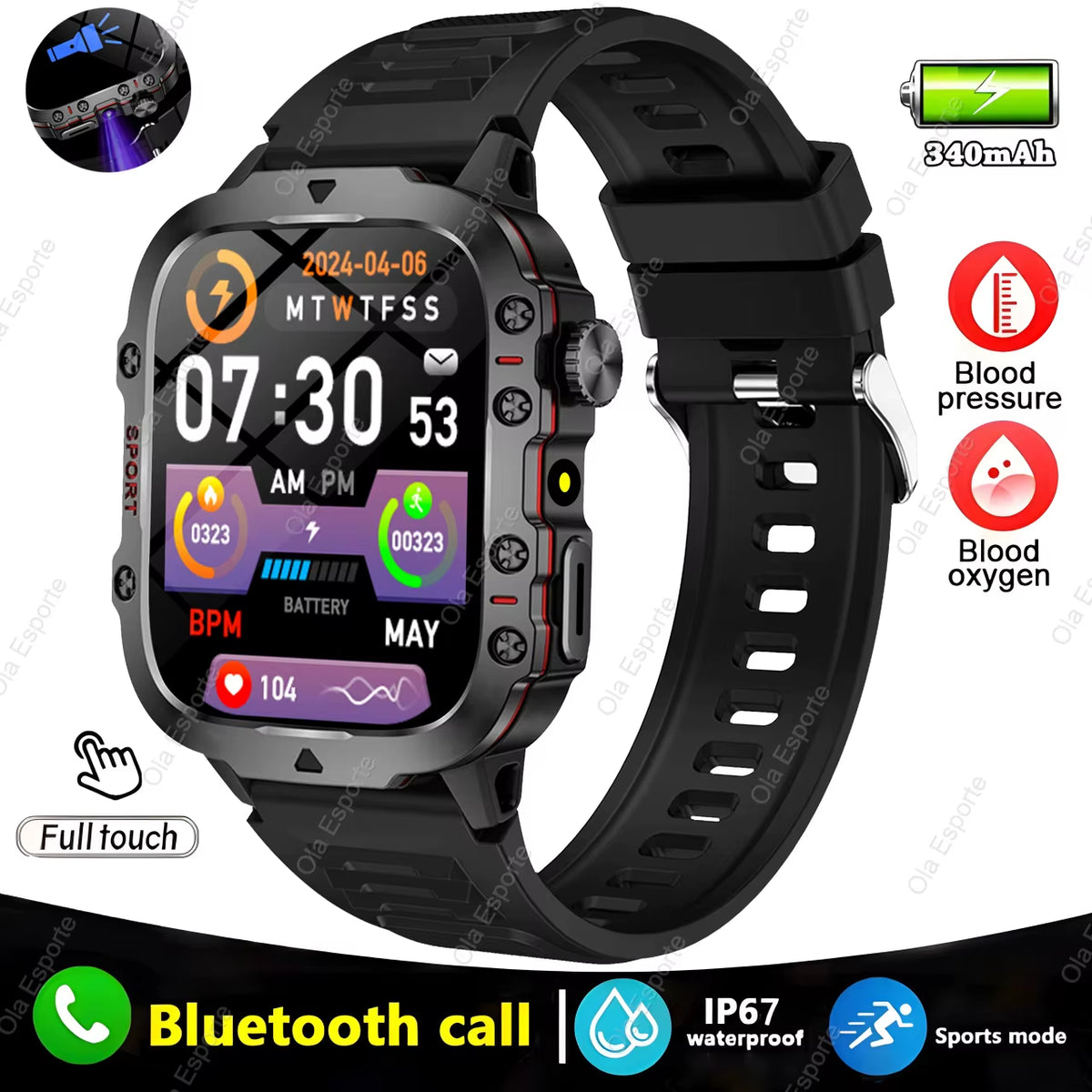 Original Men Smartwatch Flashlight Bluetooth Call Fitness Clock IP68 Waterproof Sports Men for Android IOS Smart Watch 2025 New