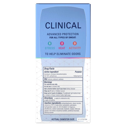 Clinical Strength 100HR Sweat &amp; Odor, Invisible Solid Antiperspirant Deodorant for Women, 3X Stress Protection with Hyaluronic Acid, PH Balanced, Clean Lavender Scent, 2.6 Oz
