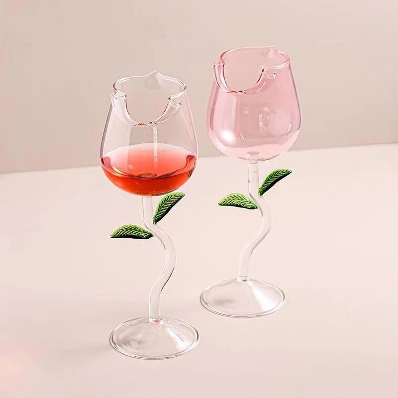 Rose-Shaped Red Wine Glasses Rose Shape Wine Glass with Colored Rose Leaves 150/400Ml Rose Shaped Red Wine Goblet Cocktail Cup