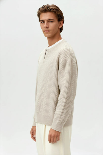 Herrestrik - Kabelstrikket Sweater Med Lille V-Hals - Oatmeal