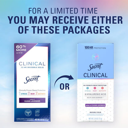 Clinical Strength 100HR Sweat &amp; Odor, Invisible Solid Antiperspirant Deodorant for Women, 3X Stress Protection with Hyaluronic Acid, PH Balanced, Clean Lavender Scent, 2.6 Oz