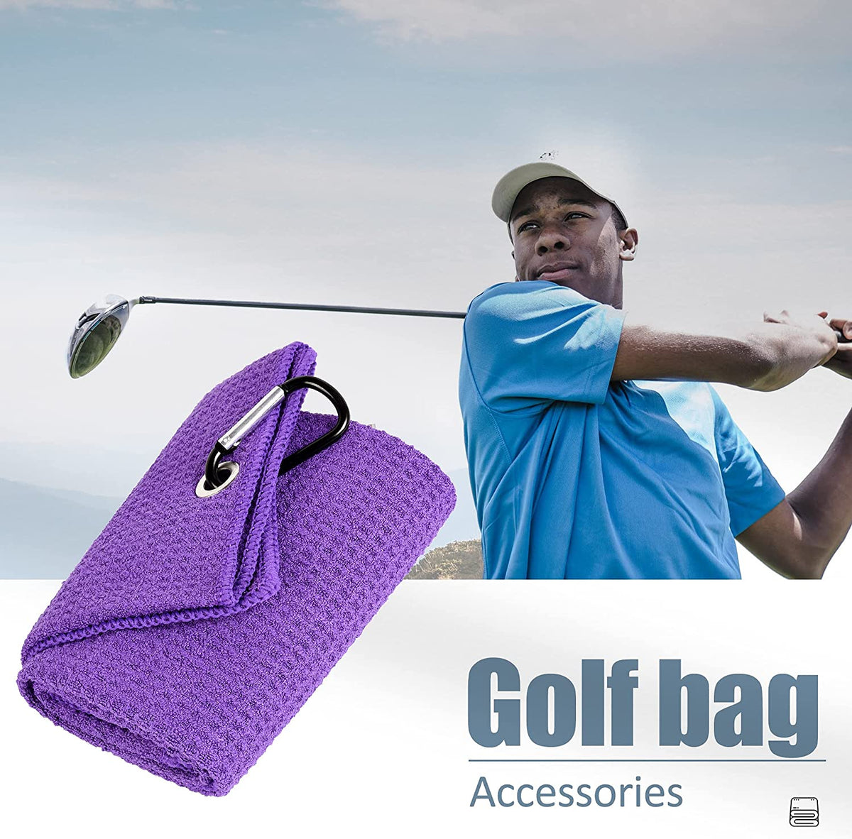 Tri-Fold Golf Towel | 16" X 24" | Premium Microfiber Fabric | Waffle Pattern | with Heavy Duty Carabiner Clip | for Men and Women (Purple)