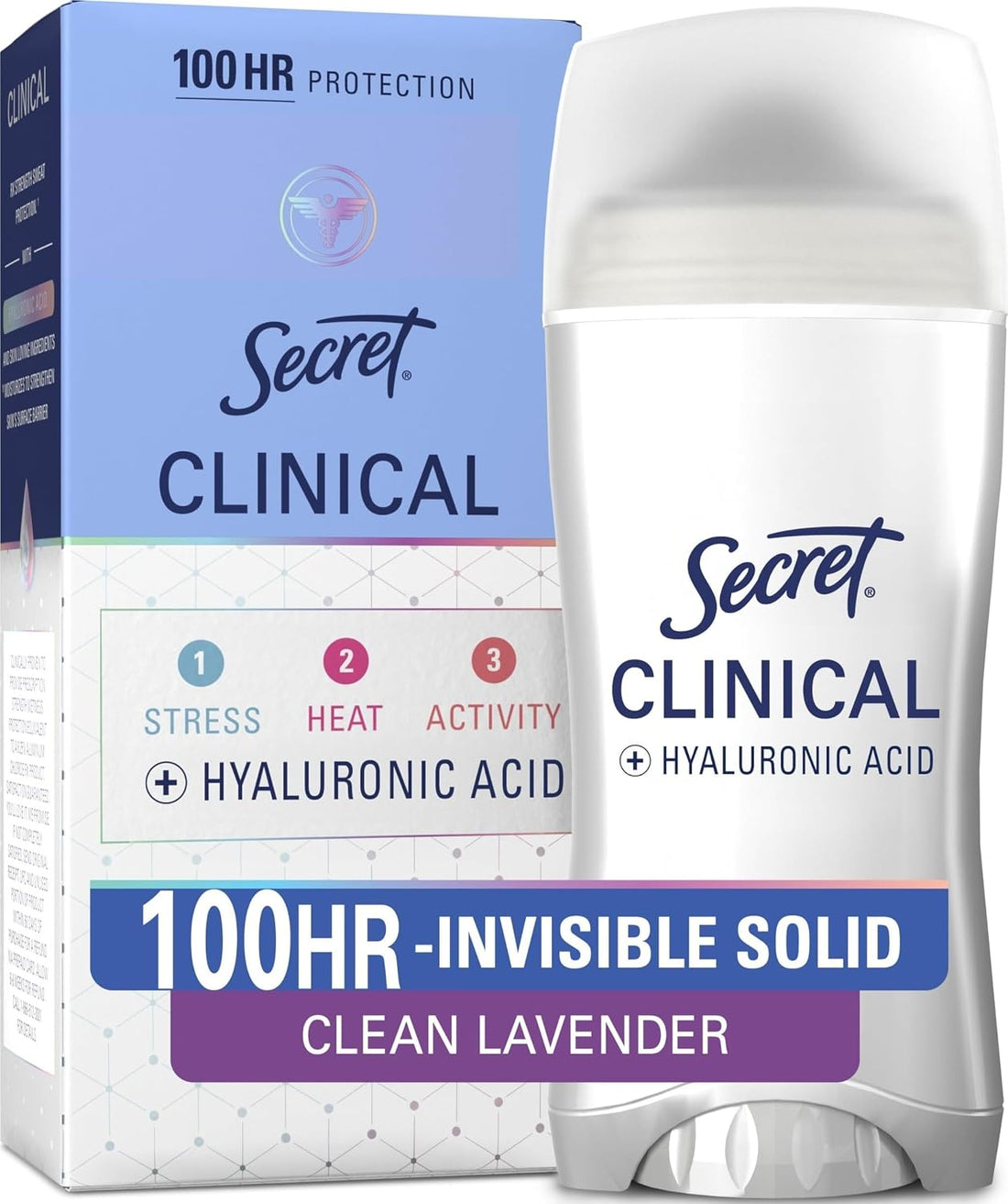 Clinical Strength 100HR Sweat &amp; Odor, Invisible Solid Antiperspirant Deodorant for Women, 3X Stress Protection with Hyaluronic Acid, PH Balanced, Clean Lavender Scent, 2.6 Oz