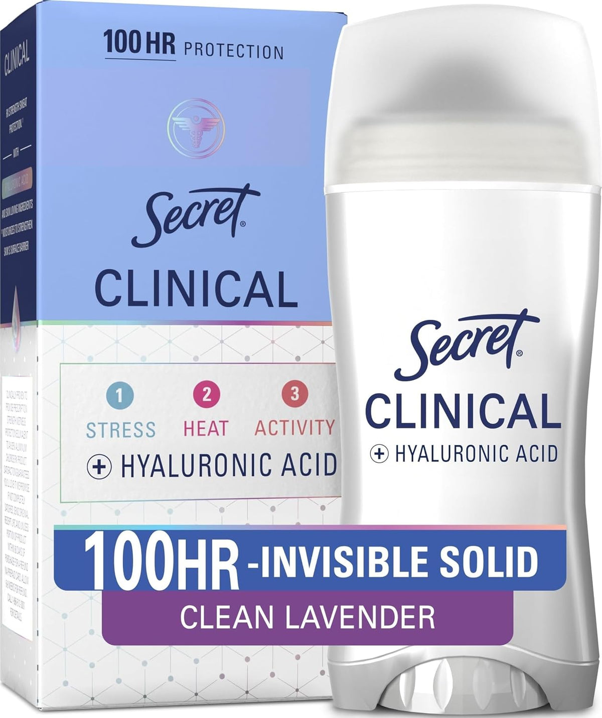 Clinical Strength 100HR Sweat &amp; Odor, Invisible Solid Antiperspirant Deodorant for Women, 3X Stress Protection with Hyaluronic Acid, PH Balanced, Clean Lavender Scent, 2.6 Oz