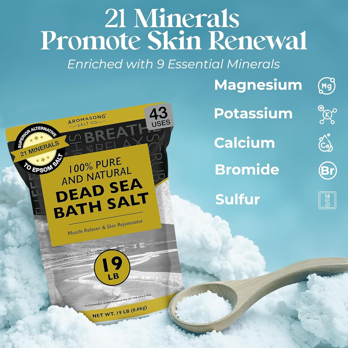 Dead Sea Salt - Spa Bath Salt - 19 Lbs Fine Grain Bulk - 100% Pure - Better Absorbing than Epsom Salt - Soak for Women &amp; Men for Skin Issues and to Relax Tired Muscles - Resealable Pack.