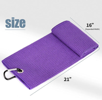 Tri-Fold Golf Towel | 16" X 24" | Premium Microfiber Fabric | Waffle Pattern | with Heavy Duty Carabiner Clip | for Men and Women (Purple)