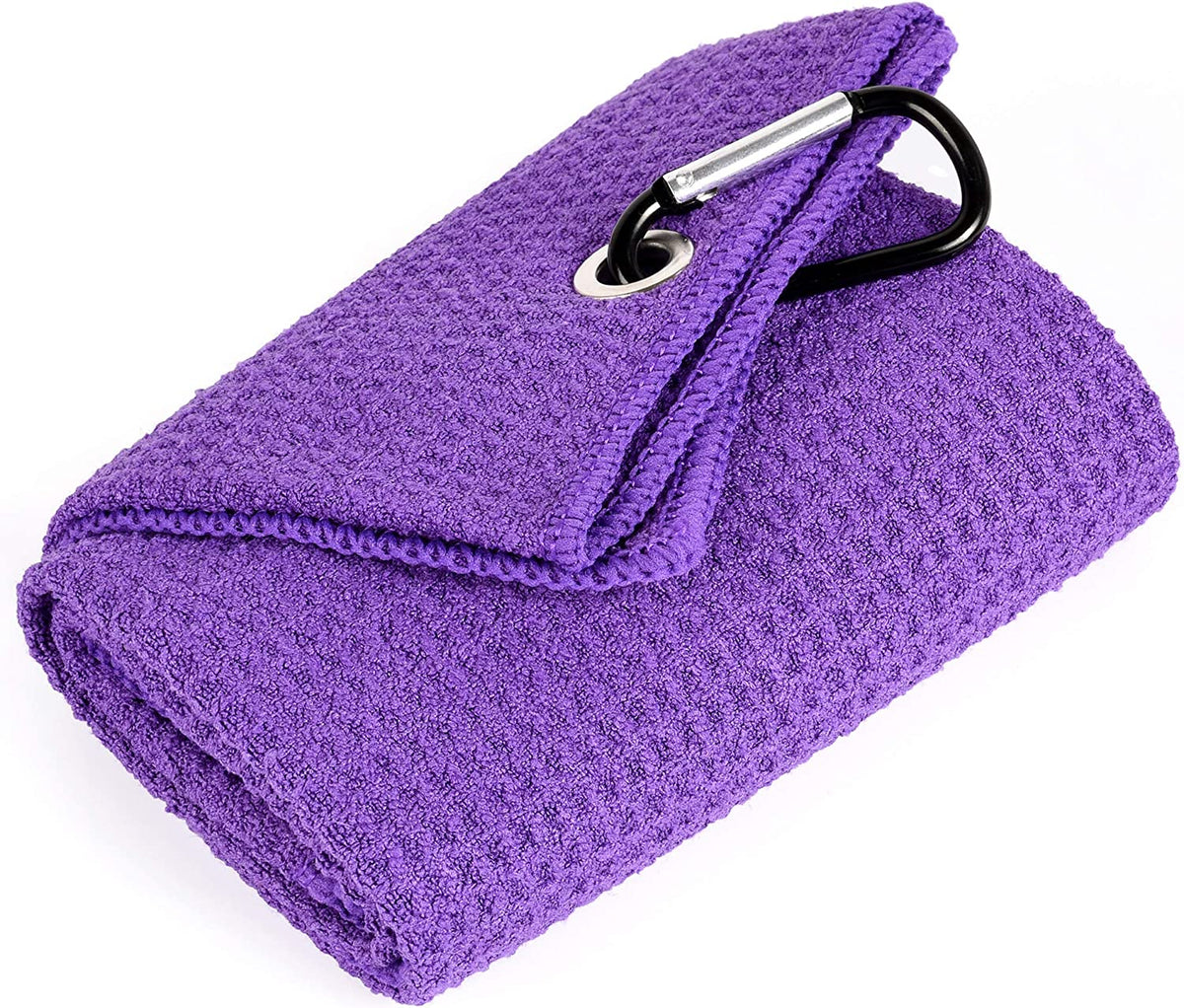 Tri-Fold Golf Towel | 16" X 24" | Premium Microfiber Fabric | Waffle Pattern | with Heavy Duty Carabiner Clip | for Men and Women (Purple)